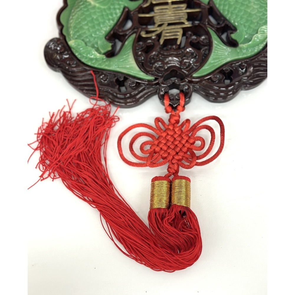 ORIENTAL KOI FISH Red Hanging Lucky Knots CARVED FAUX Green JADE WALL ART - Picture 7 of 11